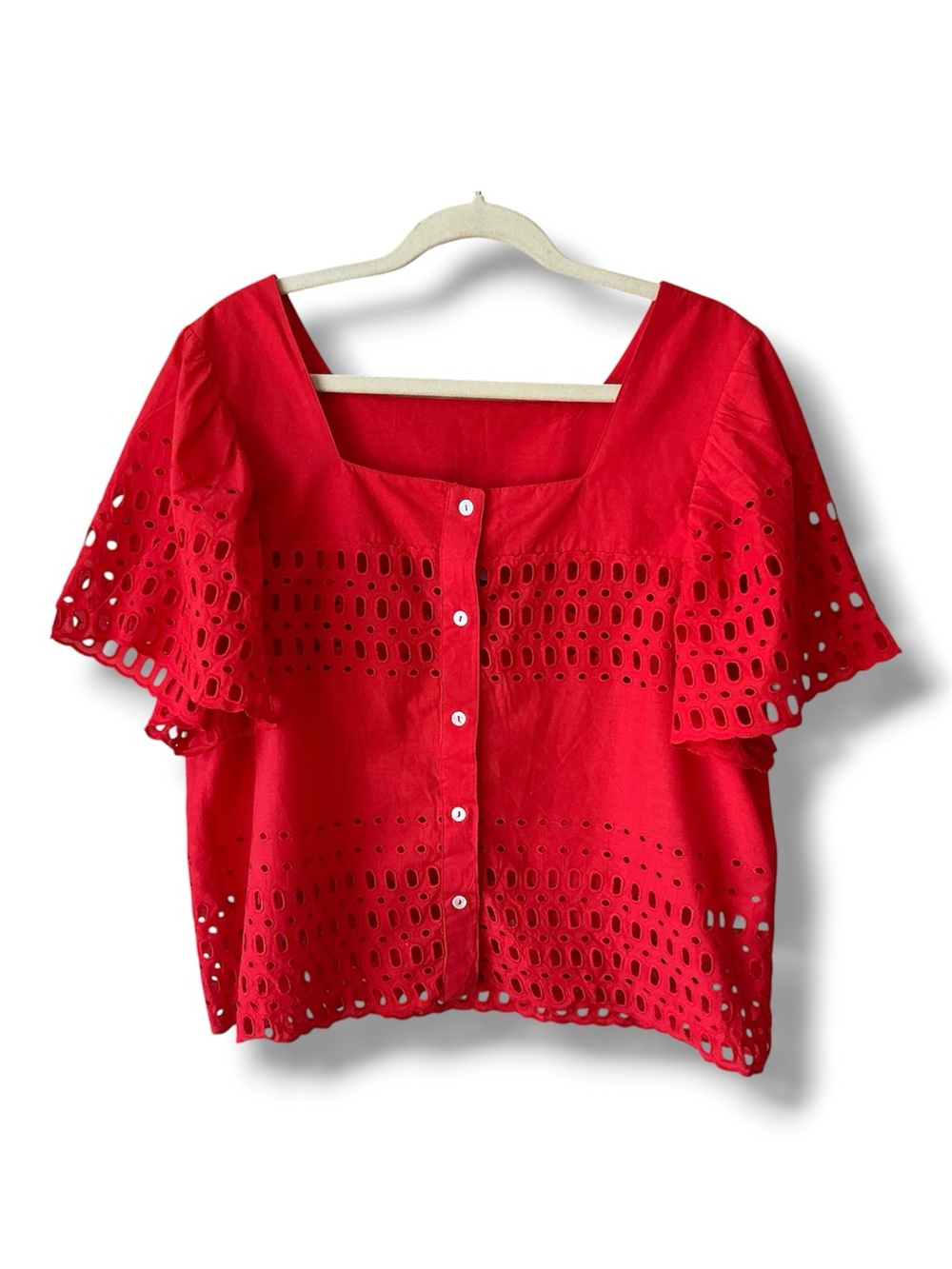 Calypso St. Barth Red Eyelet Short Sleeve Cotton Blouse Size L
